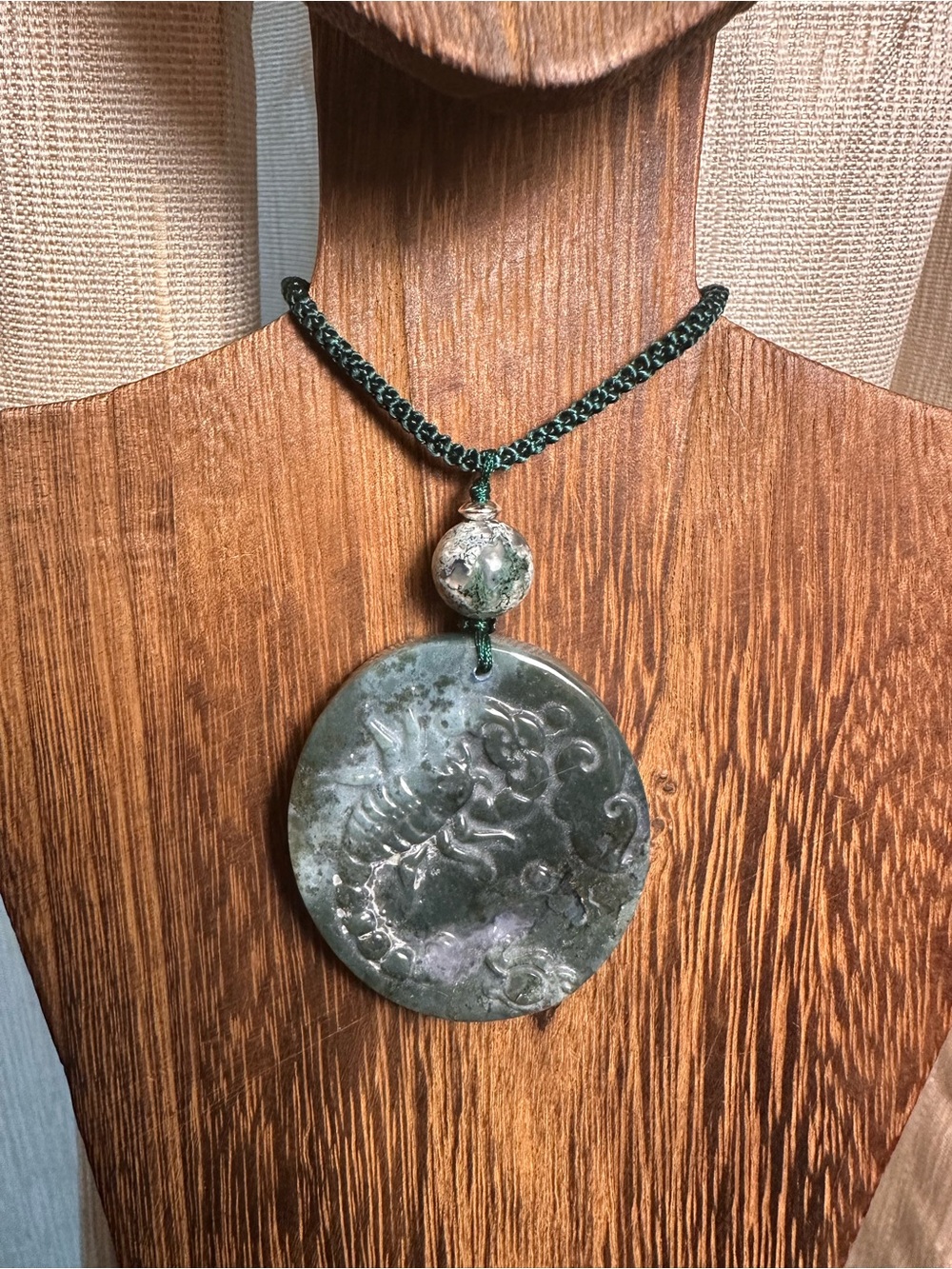 Moss Agate Scorpion Pendant Necklace on Green Rope - Picture 4 of 13